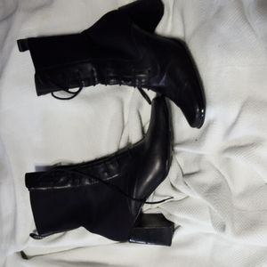 Black leather stretch boots w stacked heel